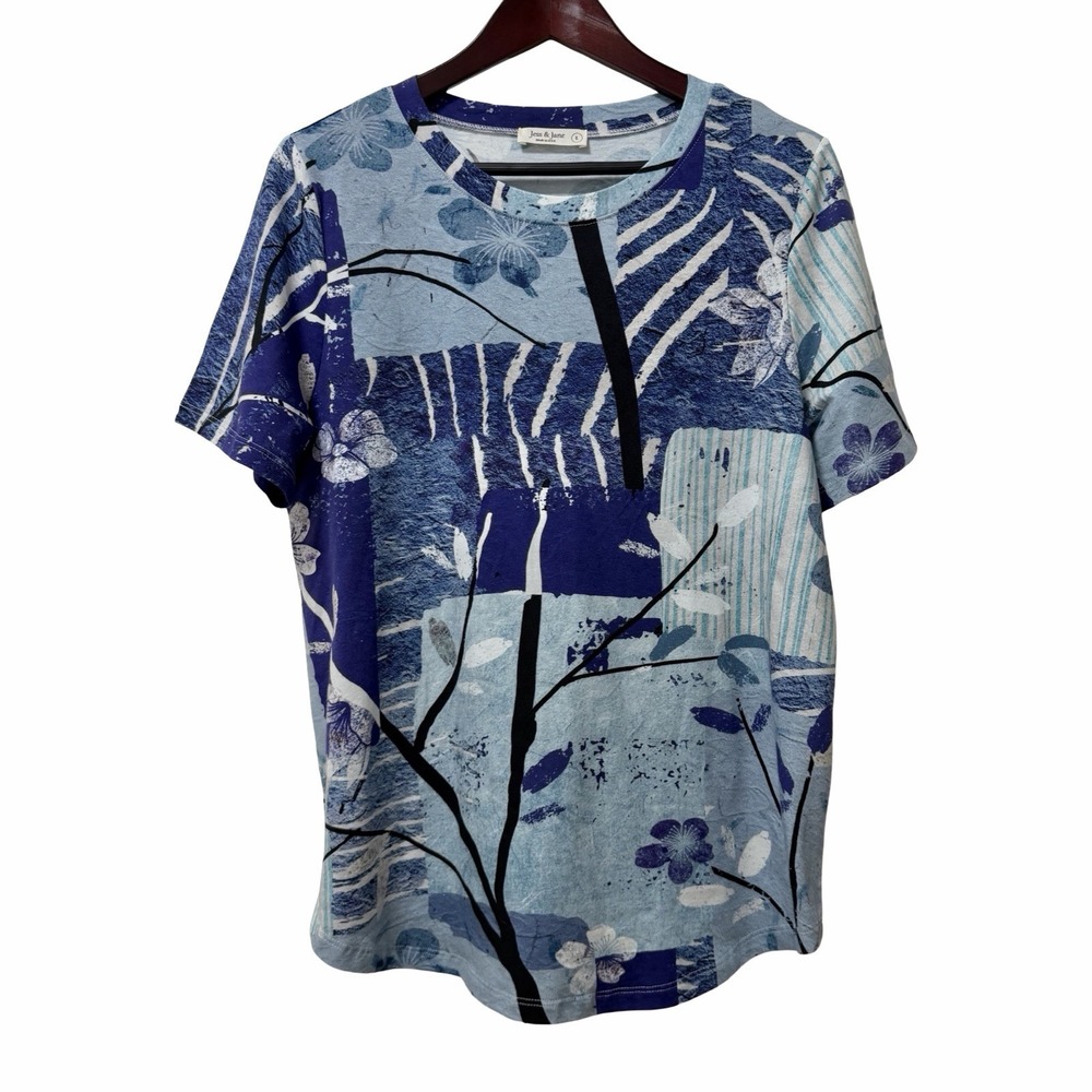 Jess & Jane Hana Round Neck Short Sleeve Top Size L Blue Floral Cotton T Shirt